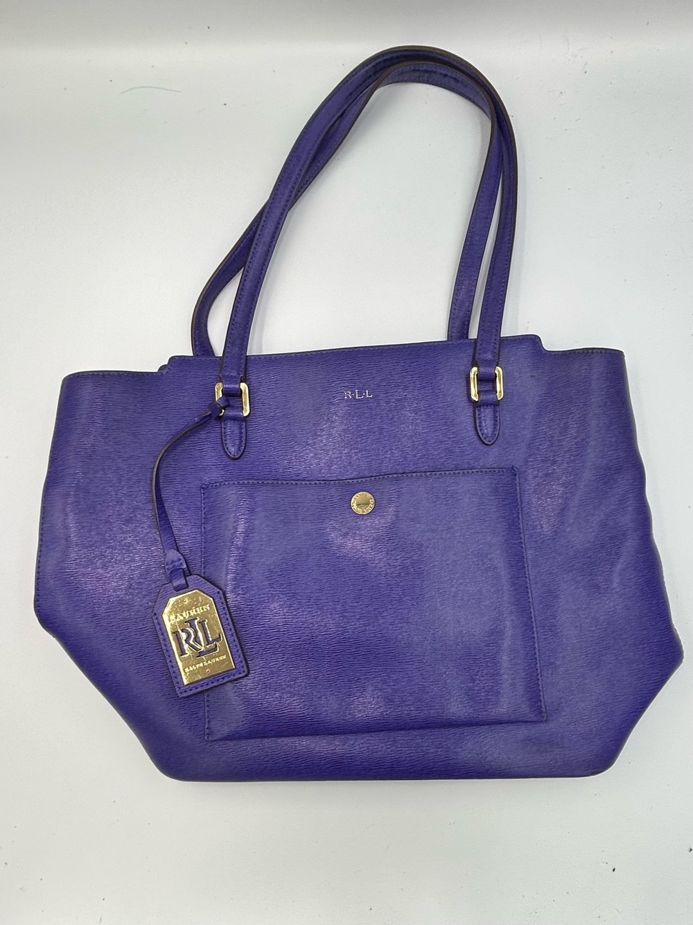 ⁠Lauren Ralph Lauren Newbury Modern Pocket Tote Bag Purple Saffiano Leather